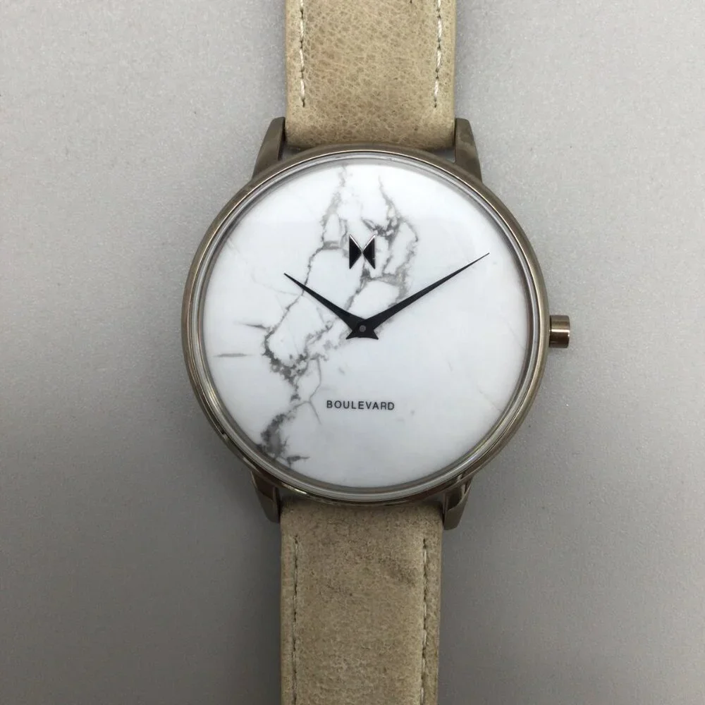 MVMT Crescent Marble Watch Men 38mm Silver Tone Tan Leather Band New Battery